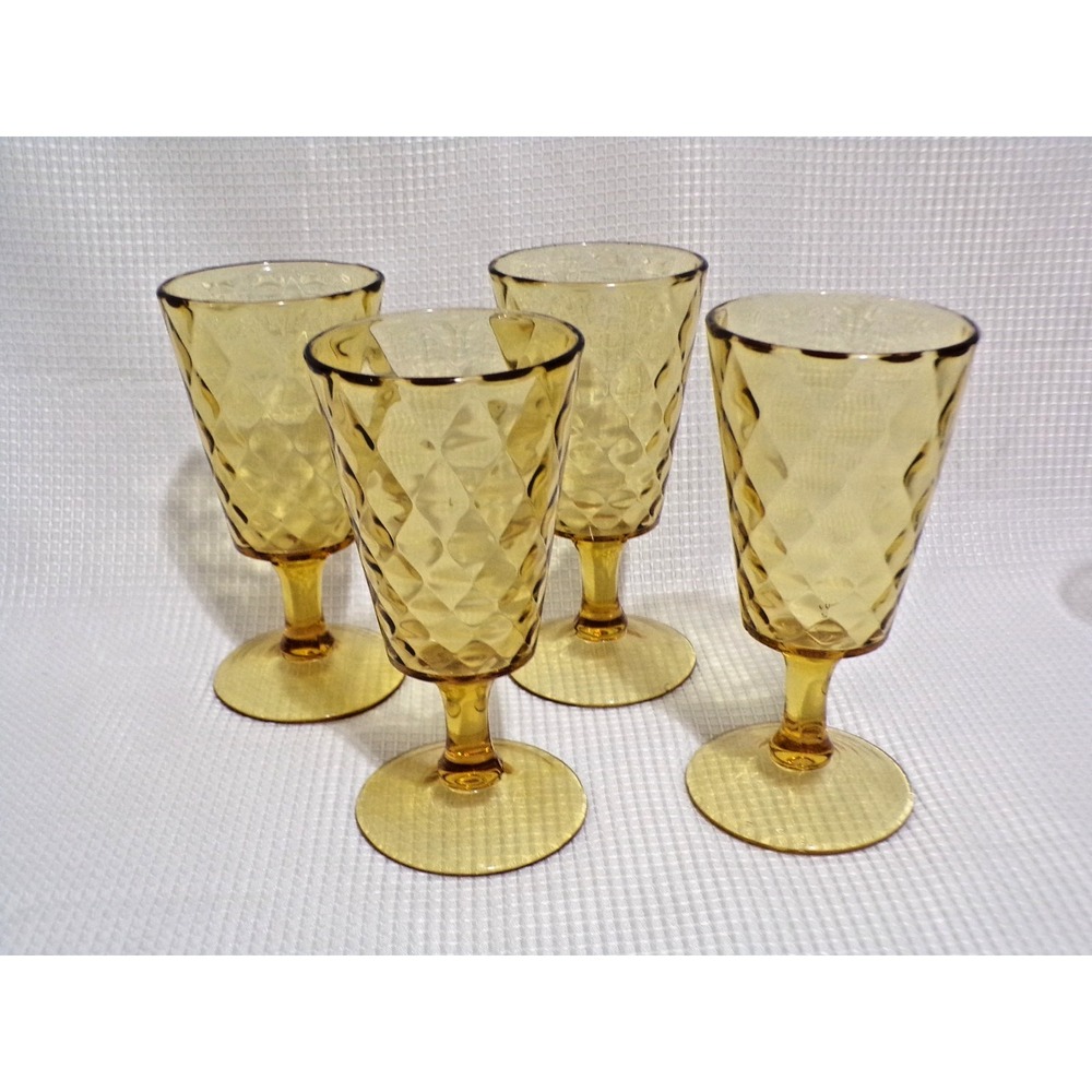 Bryce Brothers Vintage Quilted Diamond Gold Amber Goblets Footed 8 oz Set of 4